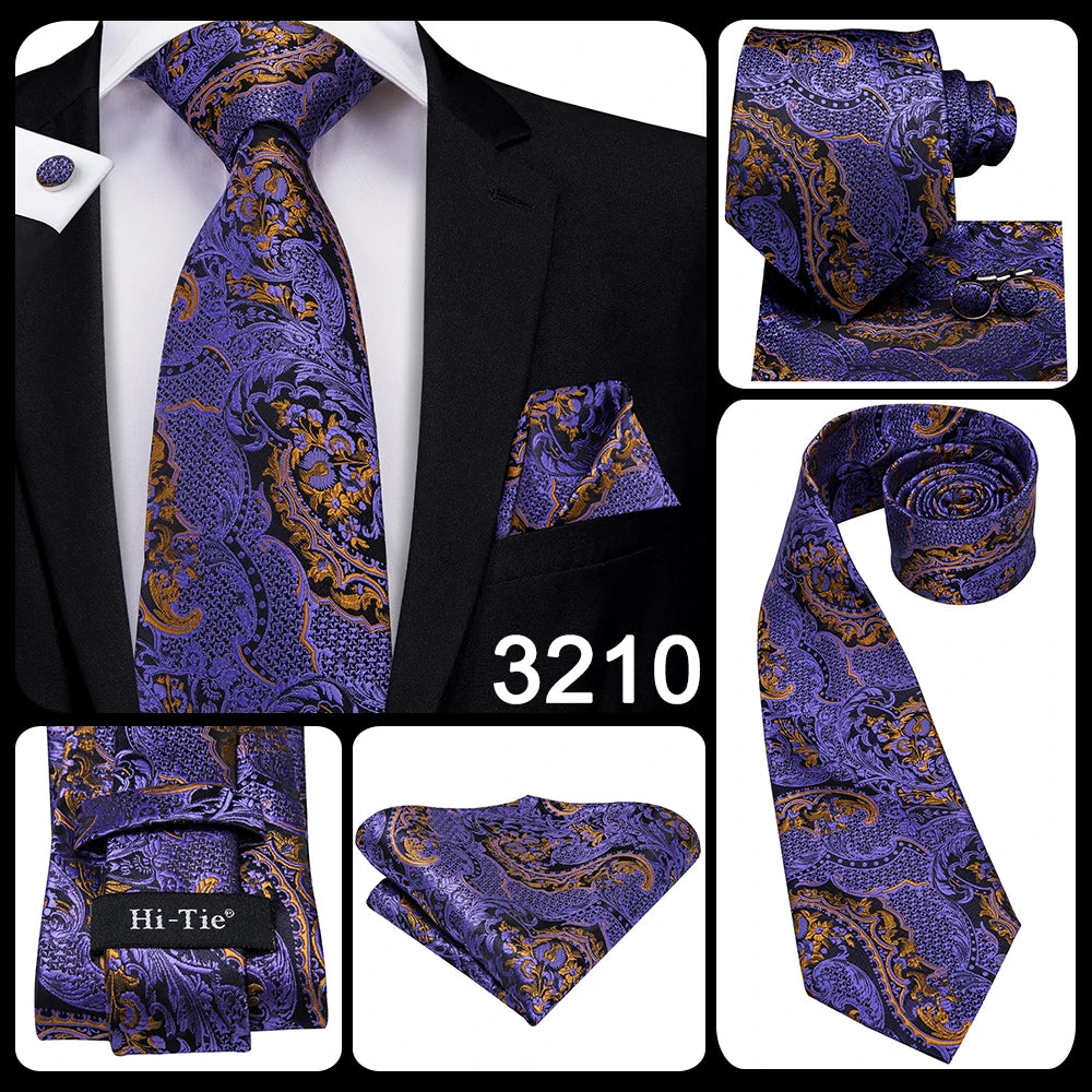 Hi-Tie Purple Solid Paisley Silk Wedding Tie for Men Novelty Design Handky cufflink Gift Men Tie Set Party Business Dropshipping