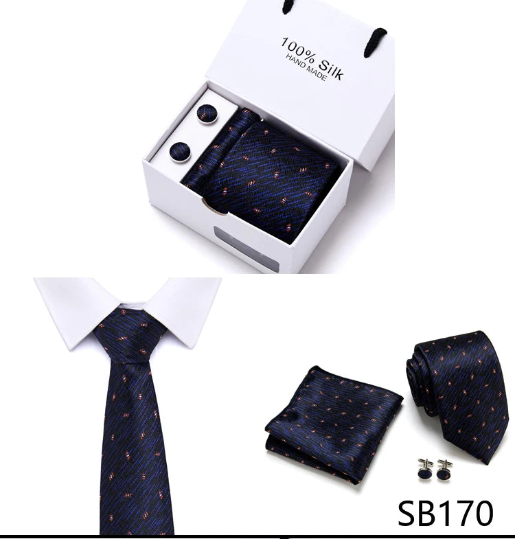 Brand 100% Silk Ties Gift box Office  Men Classic Party Wedding striped 7.5cm Silk Wedding  Floral Tie Necktie Handkerchief Set