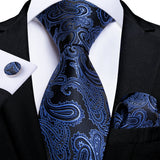 DiBanGu 8cm Blue Plaid Paisley Dot 100% Silk Men Tie Business Formal Wedding Party Necktie Hanky Cufflinks Set Mens Ties Gift