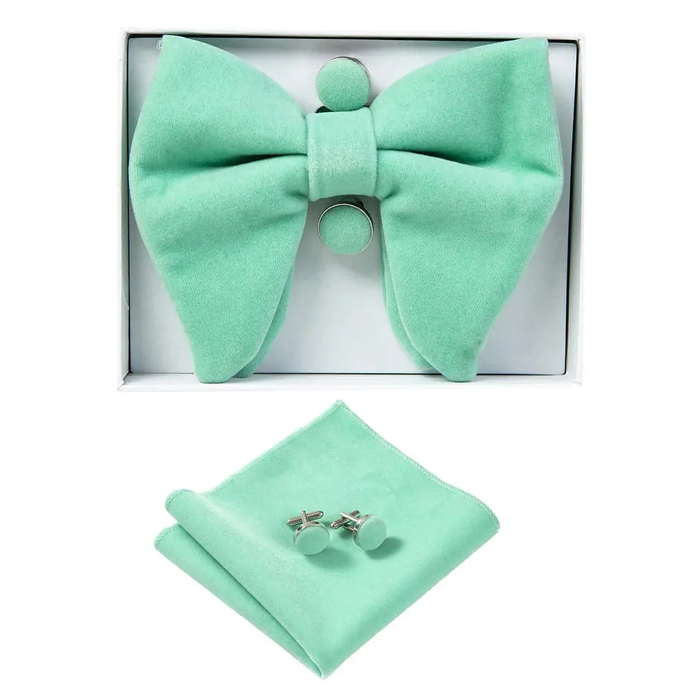 GUSLESON Velvet Big Bow Tie Men's Bowties Pocket Square Cufflinks Set with Gift Box Solid Red Yellow Necktie For Man Wedding