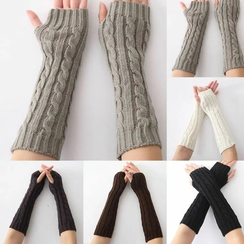 1 Pair Soft Elastic Wrist Hands Warm Knitted Women Mittens Winter Long Fingerless Arm Warmers Black Gray Coffee