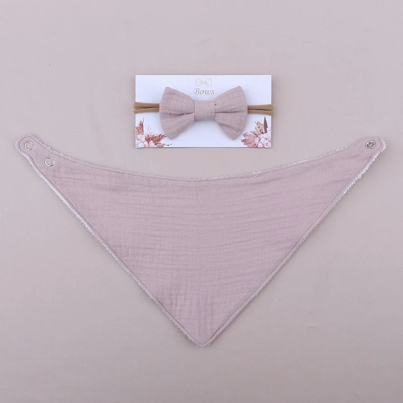 1 Set Solid Colour Cotton Baby Bibs Elastic Bow Headband Set Newborn Button Snap Triangle Scarf Burp Cloths Baby Girls Hair Band