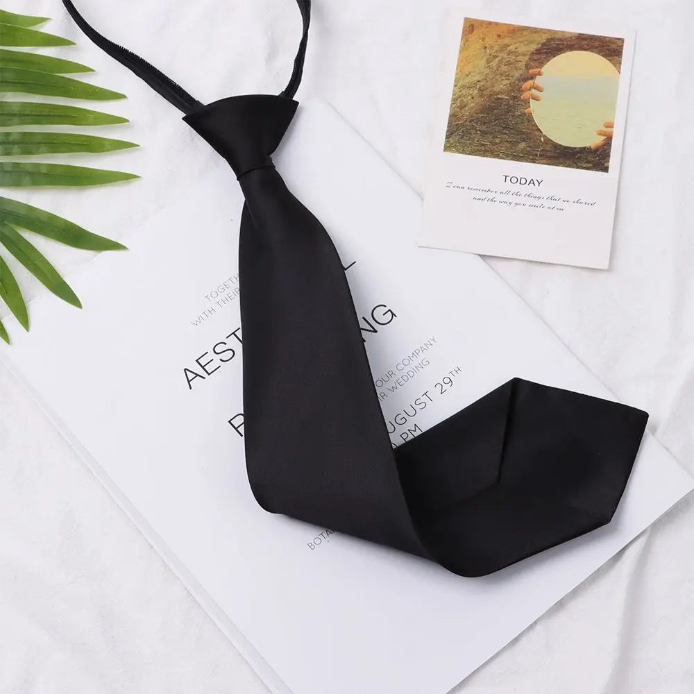 1PC Ties Student Retro Black Solid Silky Narrow Neck Tie Slim Smooth Women Zipper Necktie Casual Elegant All-match Trendy Unisex