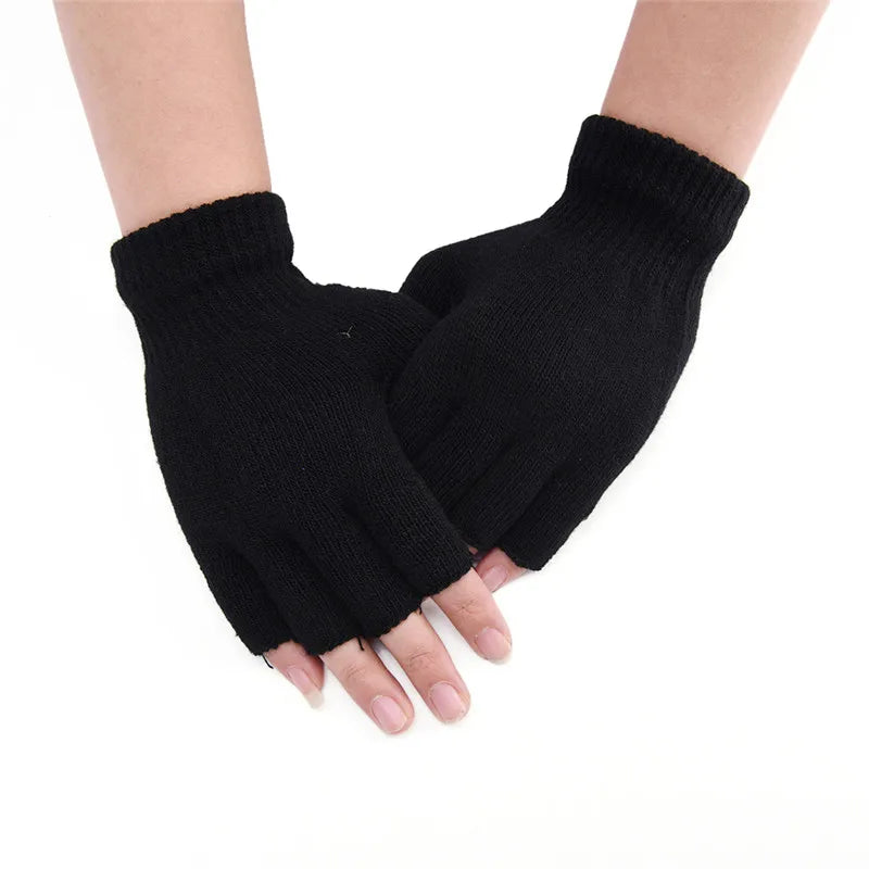 1Pair Black Half Finger Fingerless Gloves For Women And Men Wool Knit Wrist Cotton Gloves Winter Warm Workout Gloves