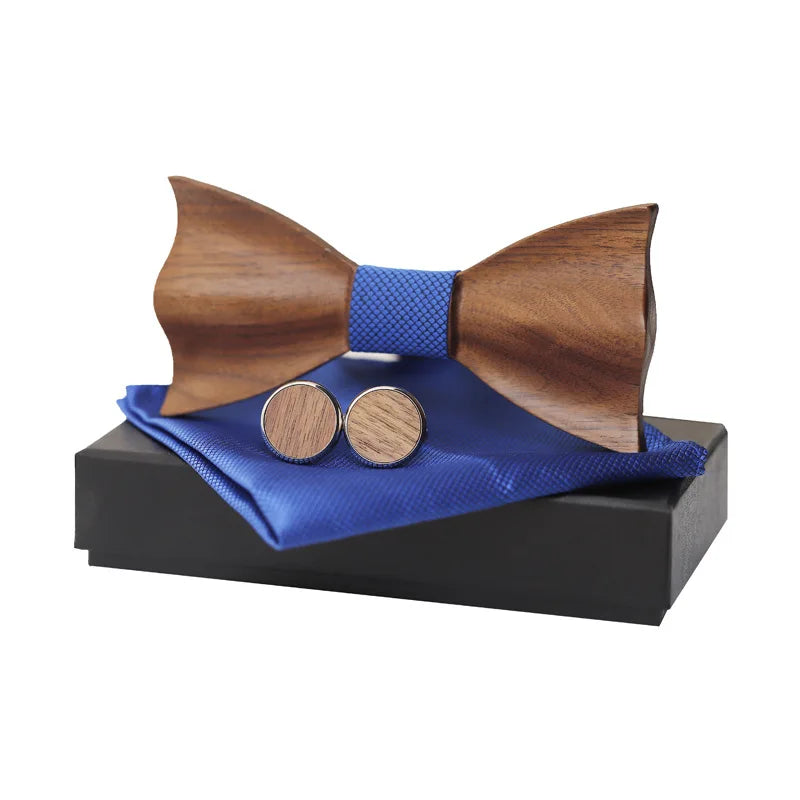 Wooden Bow Tie Handkerchief Cufflinks Set Men's Plaid Bowtie Wood Hollow carved cut out design with Gift Box Fashion Novelty tie