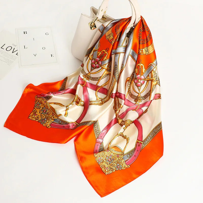 Handkerchiefs Hair Silk Scarf 90*90cm Print Satin Big Square Silk Scarves Shawls for Women Luxury Brand Designer Hijab Headband