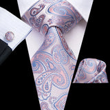 Hi-Tie Luxury Floral Paisley Ties for Men Male Desigenr Red Green Snow Ties for Christmas Adult Silk Tie Hanky Cufflinks Tie Set