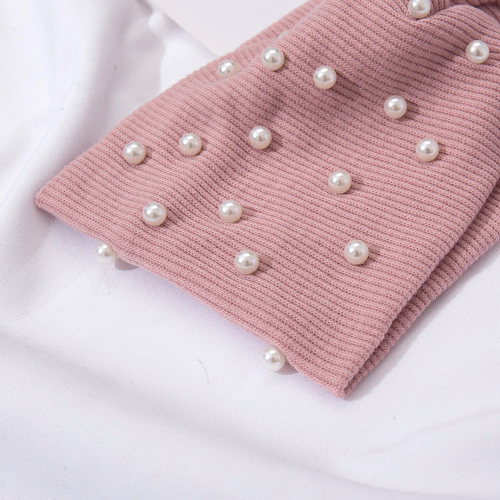 Bow Women's Headbands Pearls Head Bands Knitted Turban Bandana Autumn Winter Elastic Hairband Warm Hair Accessories Headdress