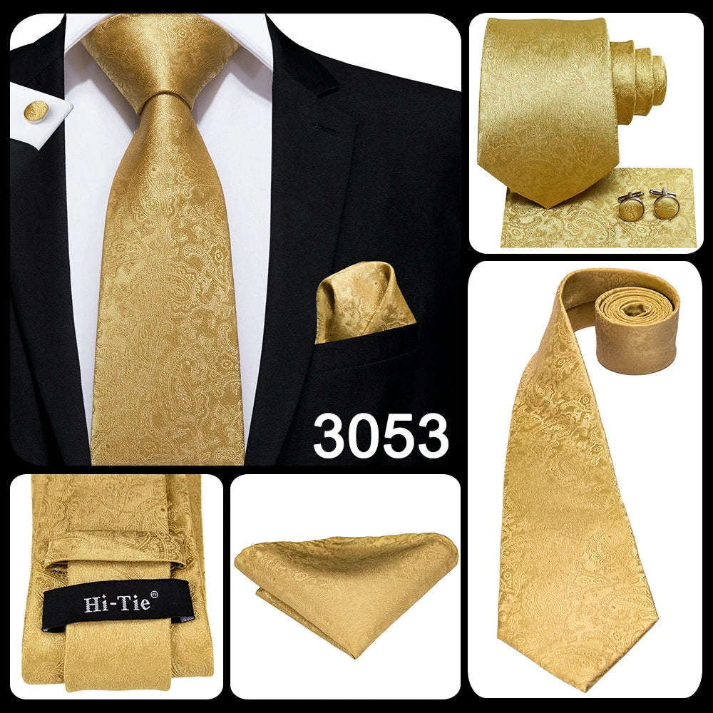 Hi-Tie Solid Gold Yellow Silk Ties For Men Handky Cufflinks Set Fashion Gift For Men's Tie Wedding Business Necktie