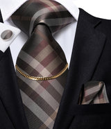 Hi-Tie Business Black Luxury Plaid Mens Tie Silk Neckties  Fashion Tie Chain Hanky Cufflinks Set Design Gift For Men Wedding