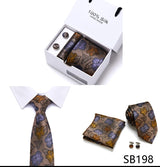 Brand 100% Silk Ties Gift box Office  Men Classic Party Wedding striped 7.5cm Silk Wedding  Floral Tie Necktie Handkerchief Set