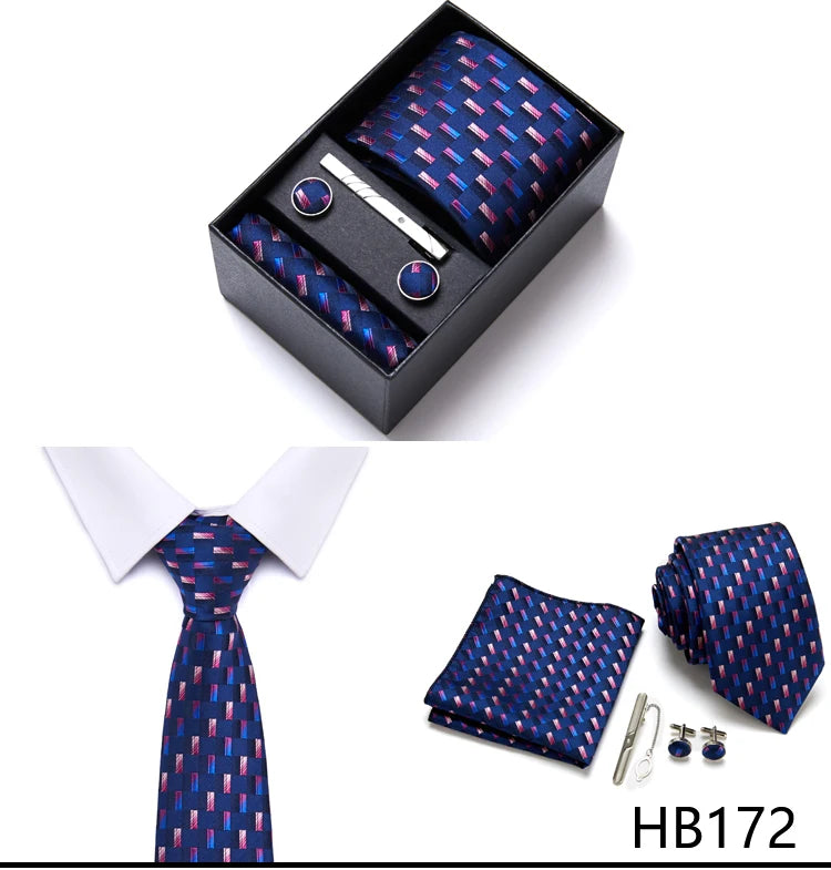 Brand Wholesale Tie Pocket Squares Cufflink Set Necktie Blue Striped Man Wedding Accessories Fit Workplace Holiday Gift Box