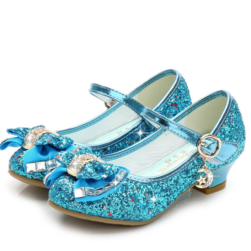 Princess Kids Leather Shoes for Girls Flower Casual Glitter Children High Heel Girls Shoes Butterfly Knot Blue Pink Silver