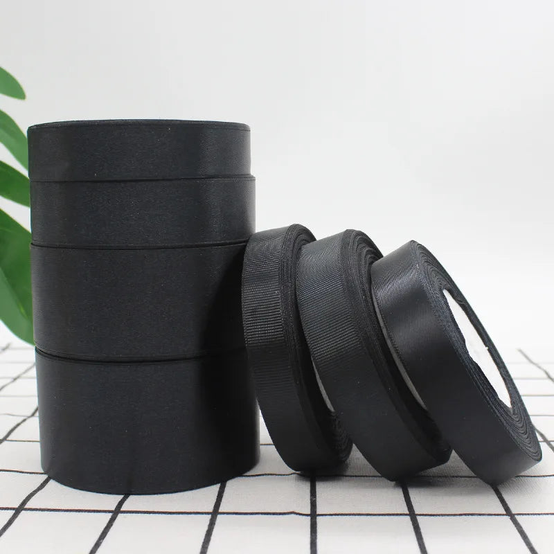 25Yards Black Satin Ribbons DIY Artificial Silk Roses Supplies Handicraft Sewing Accessories Material  Gift Wrapping Ribbon