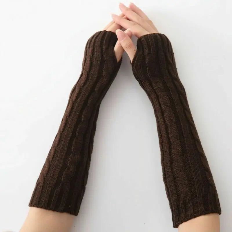 1 Pair Soft Elastic Wrist Hands Warm Knitted Women Mittens Winter Long Fingerless Arm Warmers Black Gray Coffee