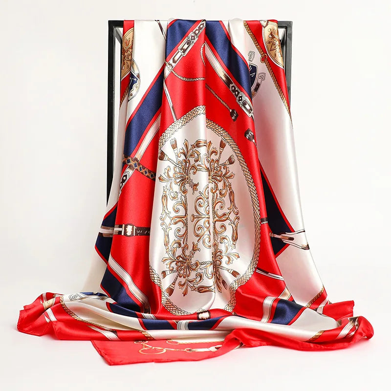 Handkerchiefs Hair Silk Scarf 90*90cm Print Satin Big Square Silk Scarves Shawls for Women Luxury Brand Designer Hijab Headband