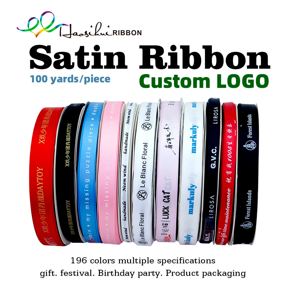 HAOSIHUI 6mm-100mm Custom Printed Flat Ribbon Personalized Logo Polyester Ribbon Wedding Birthday Satin Ribbons 100 yard /lot