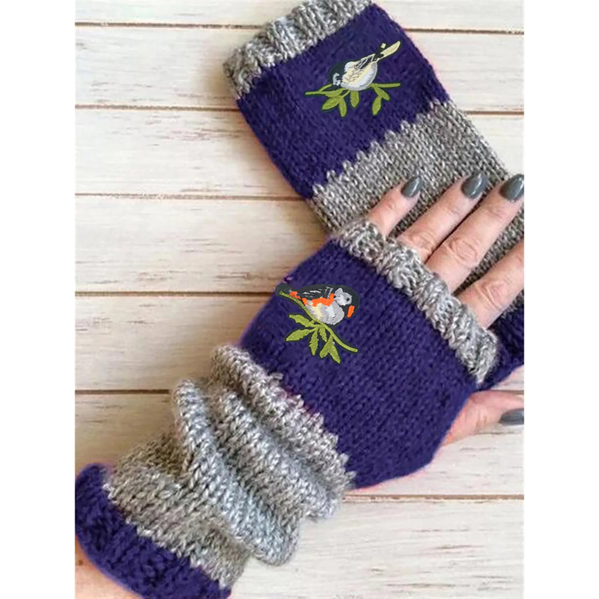 Fashion Women Cycling Gloves Winter Outdoor Keep Warm Gloves Knit Gloves Warm Plus Velvet Thick bird Embroidered Outdoor Glove