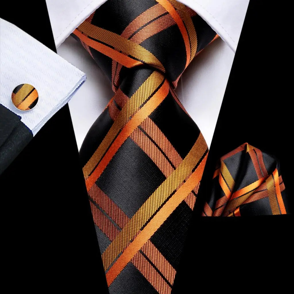 Hi-Tie Luxury Gold Orange Striped Paisley Silk Wedding Tie For Men Hanky Cufflink Gift Mens Necktie Business Party Dropshipping