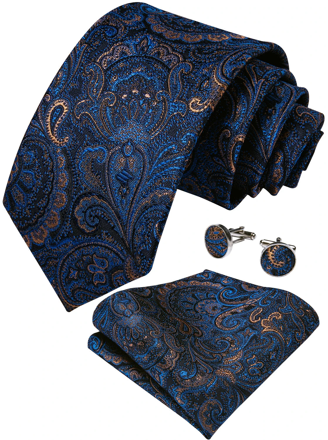 Luxury Blue Gold Paisley Silk Ties For Men Business Wedding Neck Tie Set With Tie Ring Brooch Pin Men's Cufflinks Pocket Square