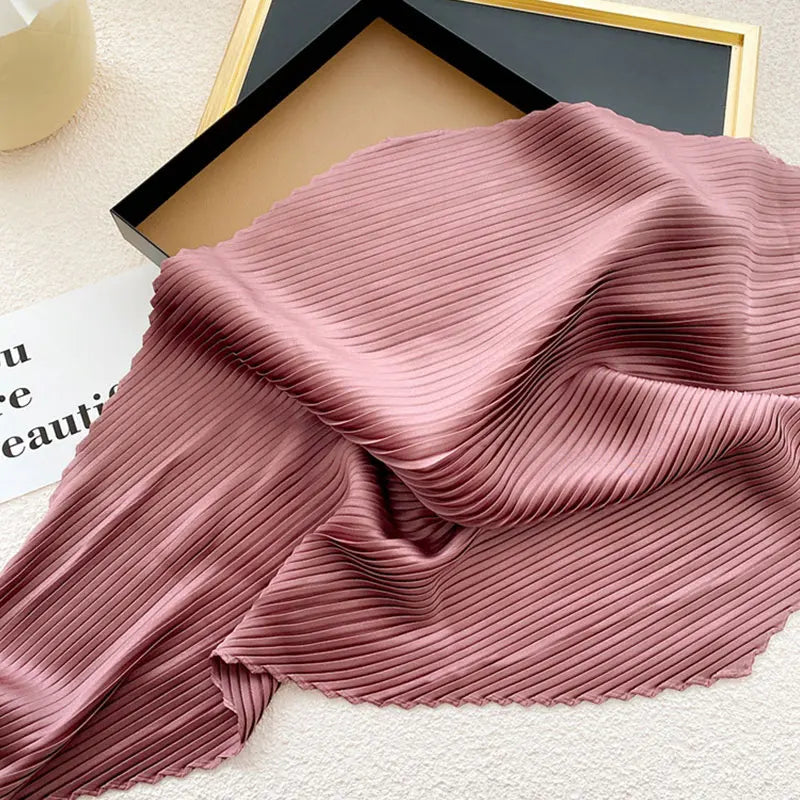 Women'S Pleated Print Silk Scarf  Satin Spring Summer Scarves 70*70cm Square Neckerchief Solid Color Headscarf Decorative