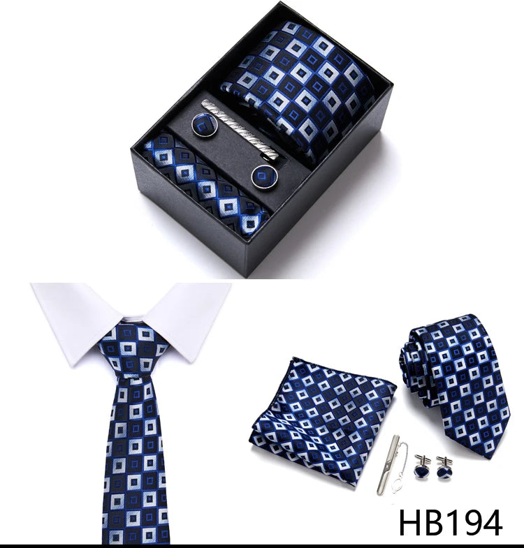 Brand Wholesale Tie Pocket Squares Cufflink Set Necktie Blue Striped Man Wedding Accessories Fit Workplace Holiday Gift Box