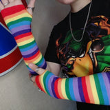 Elbow Length Fingerless Gloves Rainbow Arm Sleeve Warmer Rainbow Striped Knitted Sunscreen Halloween Costume Fingerless Mittens