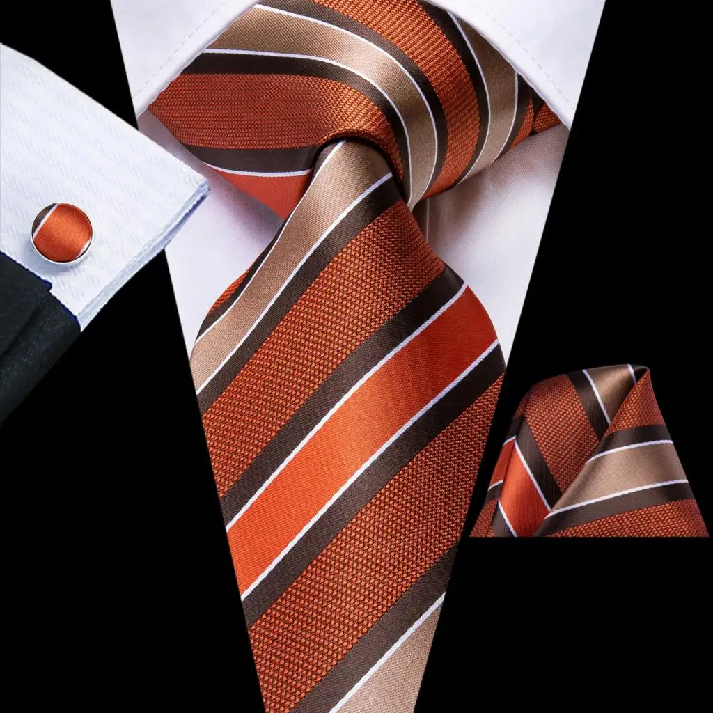 Hi-Tie Luxury Gold Orange Striped Paisley Silk Wedding Tie For Men Hanky Cufflink Gift Mens Necktie Business Party Dropshipping