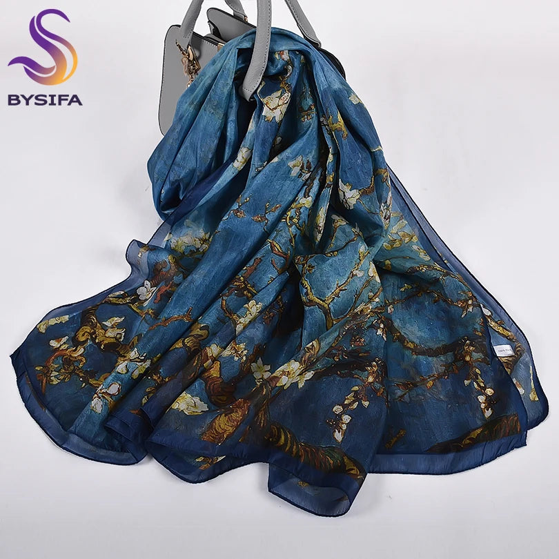 Orange Blue Winter Women Pure Silk Scarf Shawl Spring Fall Fashion Large Elegant Classical Long Scarves Wraps Printed 180*110cm