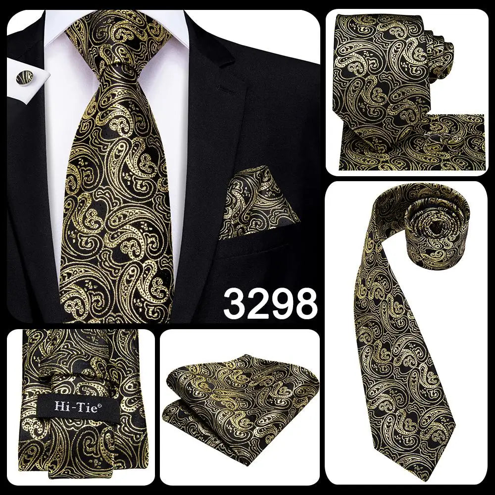 Hi-Tie Luxury Floral Paisley Ties for Men Male Desigenr Red Green Snow Ties for Christmas Adult Silk Tie Hanky Cufflinks Tie Set