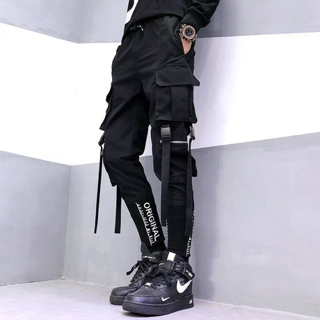 Hip Hop Men Ribbons Cargo Pants Fashion Harajuku 2023 New Elastic Waist Casual Streetwear Mens Joggers Trousers Black