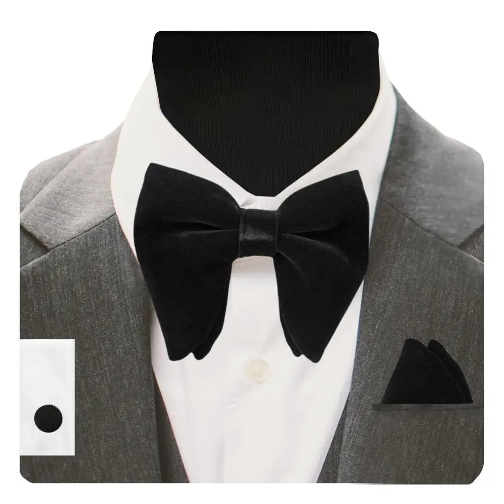 GUSLESON Velvet Big Bow Tie Men's Bowties Pocket Square Cufflinks Set with Gift Box Solid Red Yellow Necktie For Man Wedding