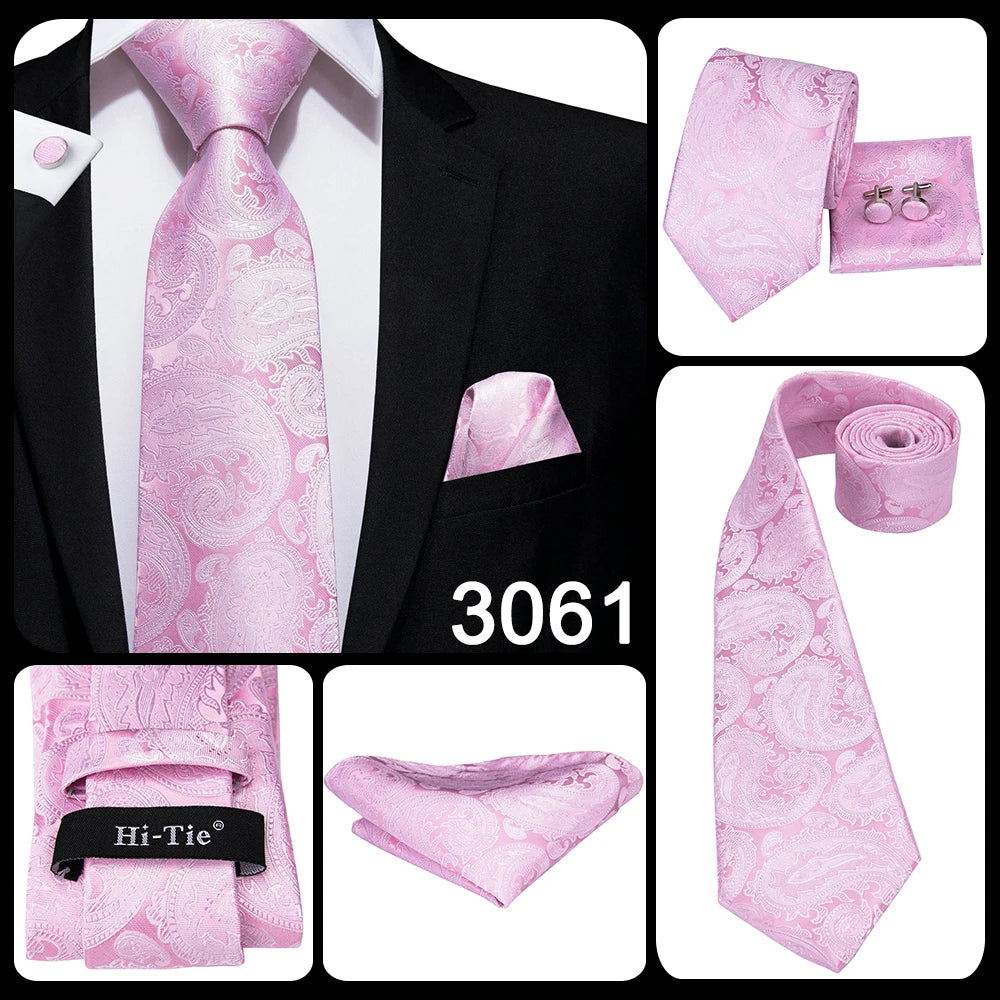 Hi-Tie 100% Silk Classic Men's Wedding Coral Pink Red Peach Tie Pocket Square Cufflinks Set Rose Ties for Men Solid Paisley Ties