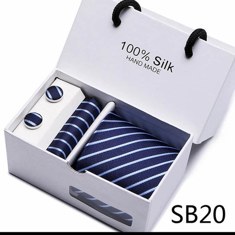 Brand 100% Silk Ties Gift box Office  Men Classic Party Wedding striped 7.5cm Silk Wedding  Floral Tie Necktie Handkerchief Set