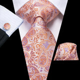 Hi-Tie Luxury Gold Orange Striped Paisley Silk Wedding Tie For Men Hanky Cufflink Gift Mens Necktie Business Party Dropshipping