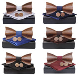 Wooden Bow Tie Handkerchief Cufflinks Set Men's Plaid Bowtie Wood Hollow carved cut out design with Gift Box Fashion Novelty tie