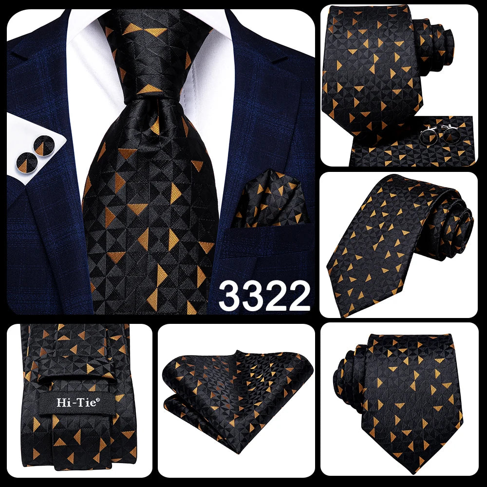 Hi-Tie Men's Tie Set Gold Paisley 100% Silk 8.5cm Wedding Ties For Men New Fashion Design Hanky Cufflinks Set Quality Necktie