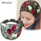 New Wide Headband for Women Ethnic Embroidery Flower Mesh Wide Edge Headbands Hibiscus Mutabilis Lace Bandaba Turban Headwear