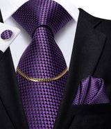 Hi-Tie Business Black Luxury Plaid Mens Tie Silk Neckties  Fashion Tie Chain Hanky Cufflinks Set Design Gift For Men Wedding