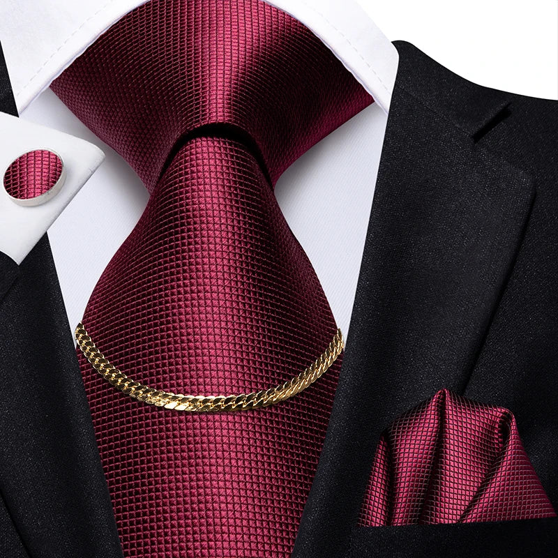 Hi-Tie Business Black Luxury Plaid Mens Tie Silk Neckties  Fashion Tie Chain Hanky Cufflinks Set Design Gift For Men Wedding