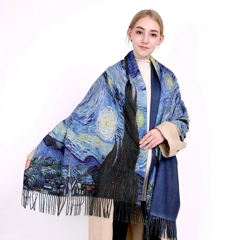 Fashion Oil Painting Scarf Women Winter Warm Van Gogh  Painting Tassel Scarves Unique Luxury Long Print Wraps Shawl