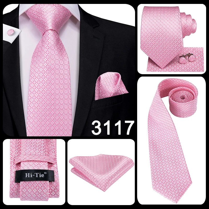 Hi-Tie 100% Silk Classic Men's Wedding Coral Pink Red Peach Tie Pocket Square Cufflinks Set Rose Ties for Men Solid Paisley Ties