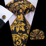 Hi-Tie Elegant Mens Necktie Black Gold Striped Paisley Silk Wedding Nicktie For Men Hanky Cufflinks Business Party Dropshipping