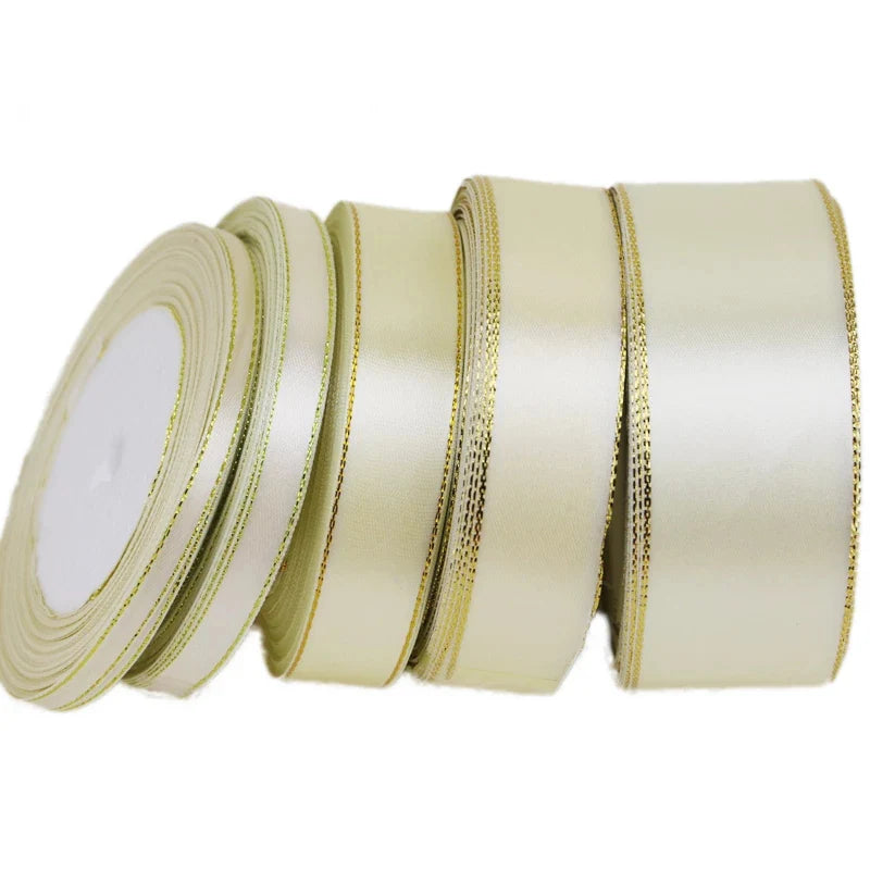 (25 yards/lot) Cream White Gold Ribbon high quality satin ribbons gift packaging