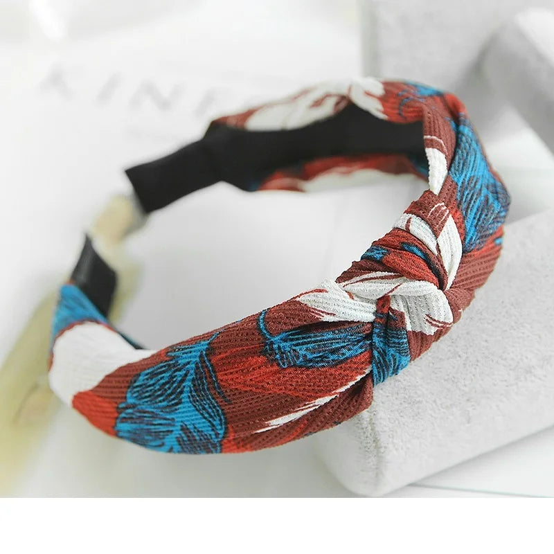 Women Elegant Top Knot Headband Print Dot Hairbands Girls Striped Plaid Flower Hair Hoop Fashion Hair Accessories FG0320
