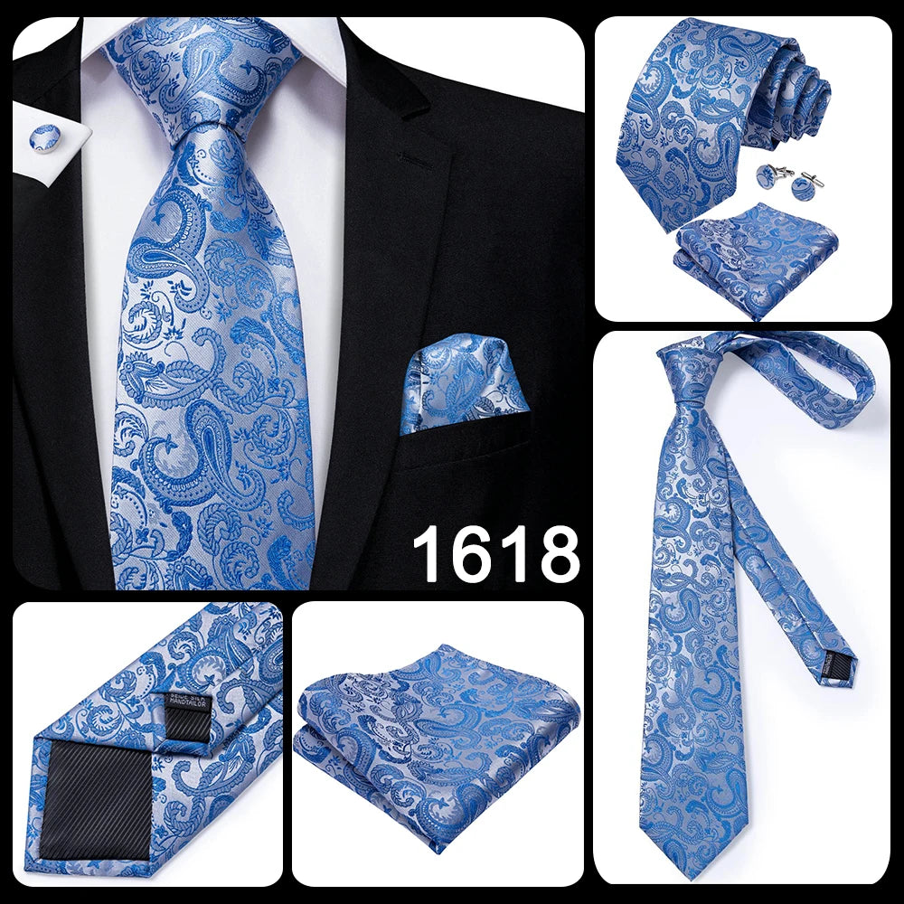 Hi-Tie Men's Tie Set Gold Paisley 100% Silk 8.5cm Wedding Ties For Men New Fashion Design Hanky Cufflinks Set Quality Necktie