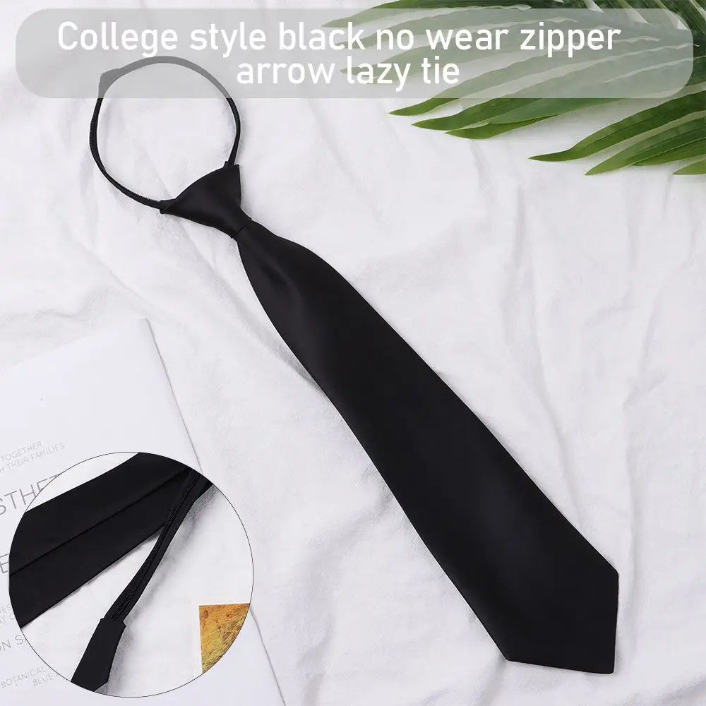 1PC Ties Student Retro Black Solid Silky Narrow Neck Tie Slim Smooth Women Zipper Necktie Casual Elegant All-match Trendy Unisex