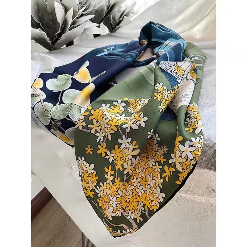 [BYSIFA] New 100% Pure Silk Square Scarf Hijab Fashion Blue Green Women Scarves Shawl Fall Winter Luxury Brand Neck Scarf Cape