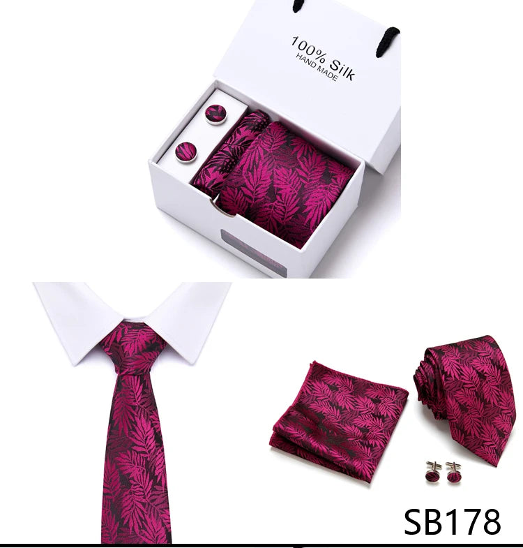 Brand 100% Silk Ties Gift box Office  Men Classic Party Wedding striped 7.5cm Silk Wedding  Floral Tie Necktie Handkerchief Set