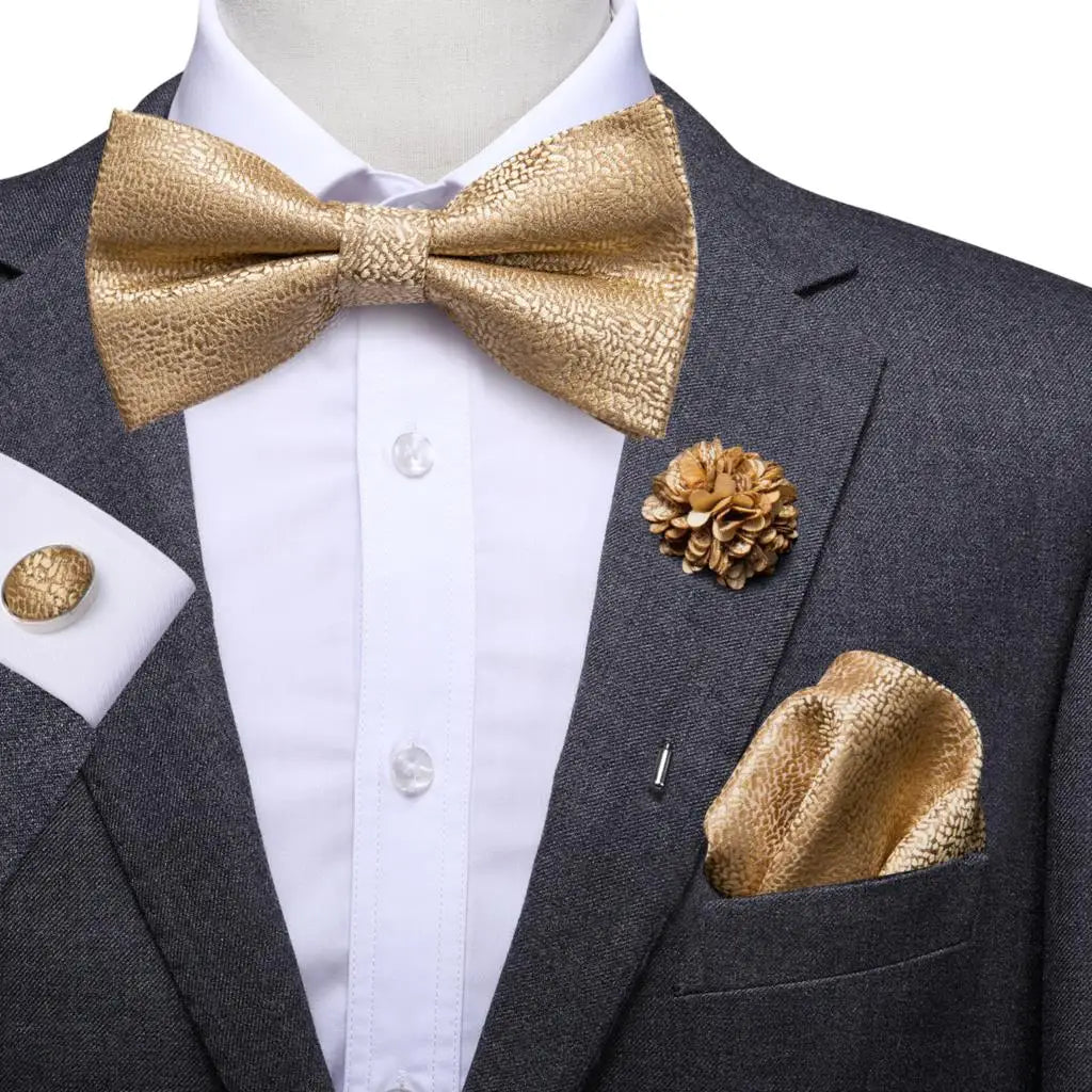 Hi-Tie Luxury Gold Silk Bow Ties for Men Fashion Men's Yellow Bowtie Handkerchief Cufflinks Brooch Set butterfly  Wedding Set
